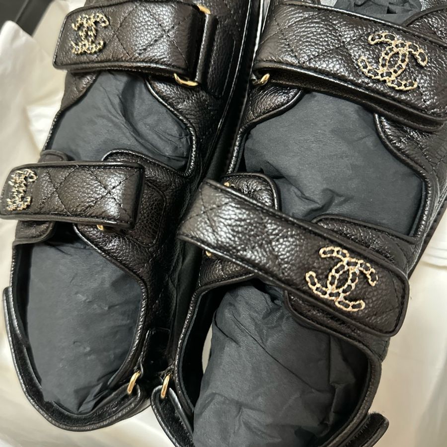 Chanel 香奈兒黑金皮穿鍊涼鞋/全新39號-14