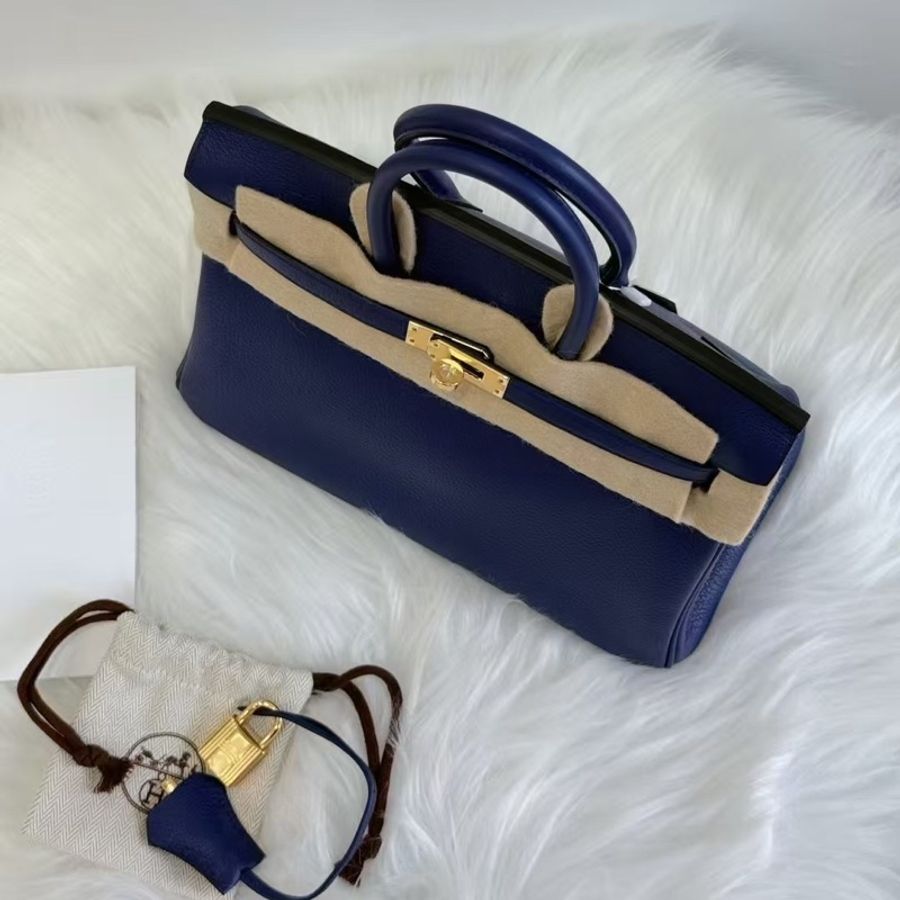 HERMES BK25 寶石藍內拼海鷗灰 金扣 U刻-3
