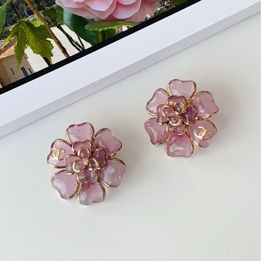 CHANEL vintage 櫻花粉琉璃耳夾-5