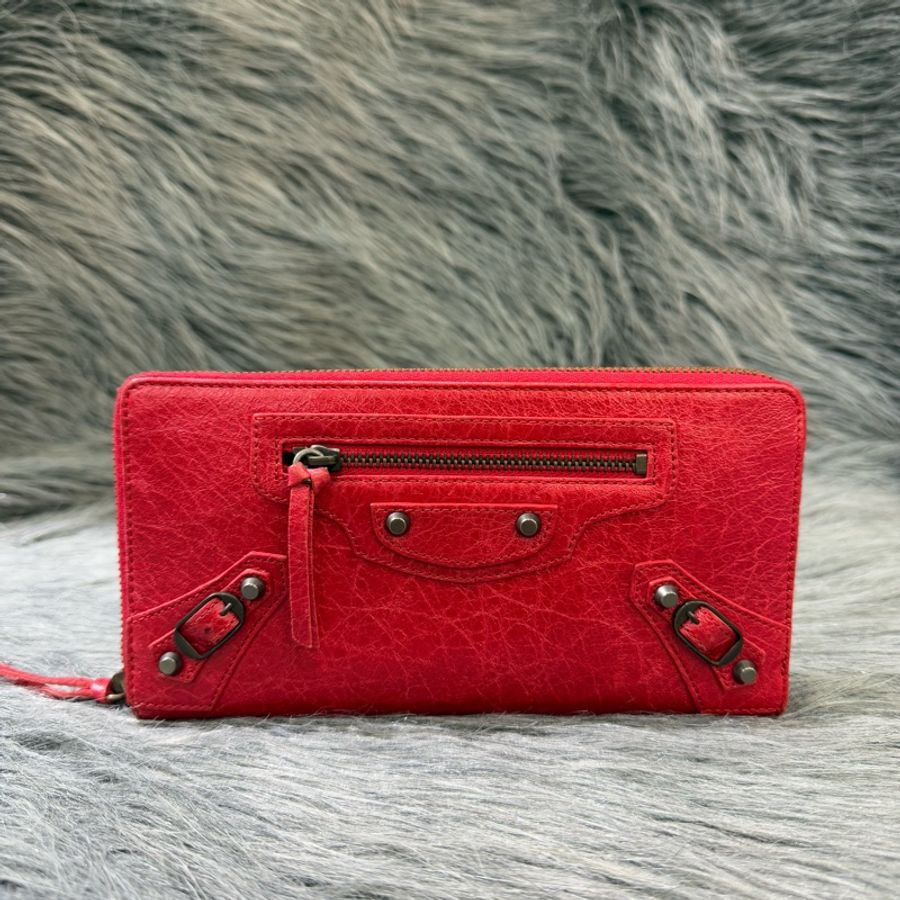 BALENCIAGA 253036 巴黎世家 櫻桃紅色羊皮 小釦 ㄇ字拉鍊 長夾 發財夾 皮夾 錢包-0