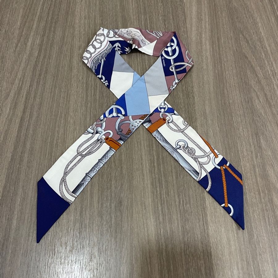Hermes白藍咖twilly絲巾-4