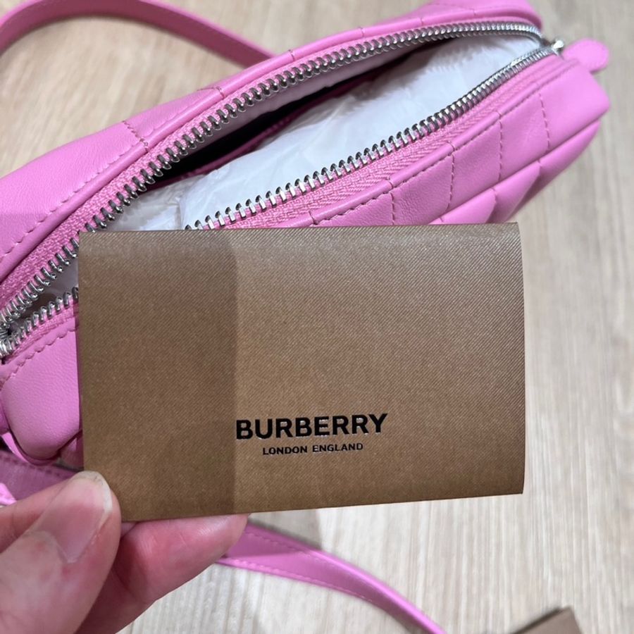 全新BURBERRY LORA銀字LOGO格紋絎縫設計羊皮拉鍊斜背相機包(粉)-9