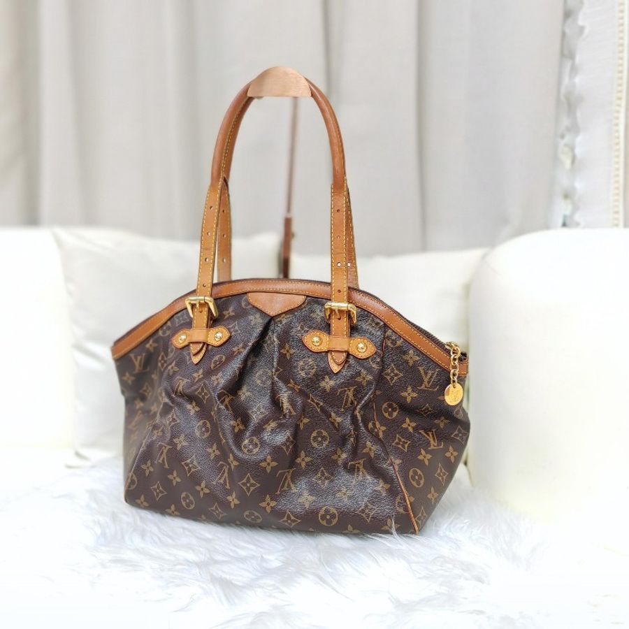 LV Tivoli 棕色 老花 塗層帆布拼牛皮 大號 餃子包-1