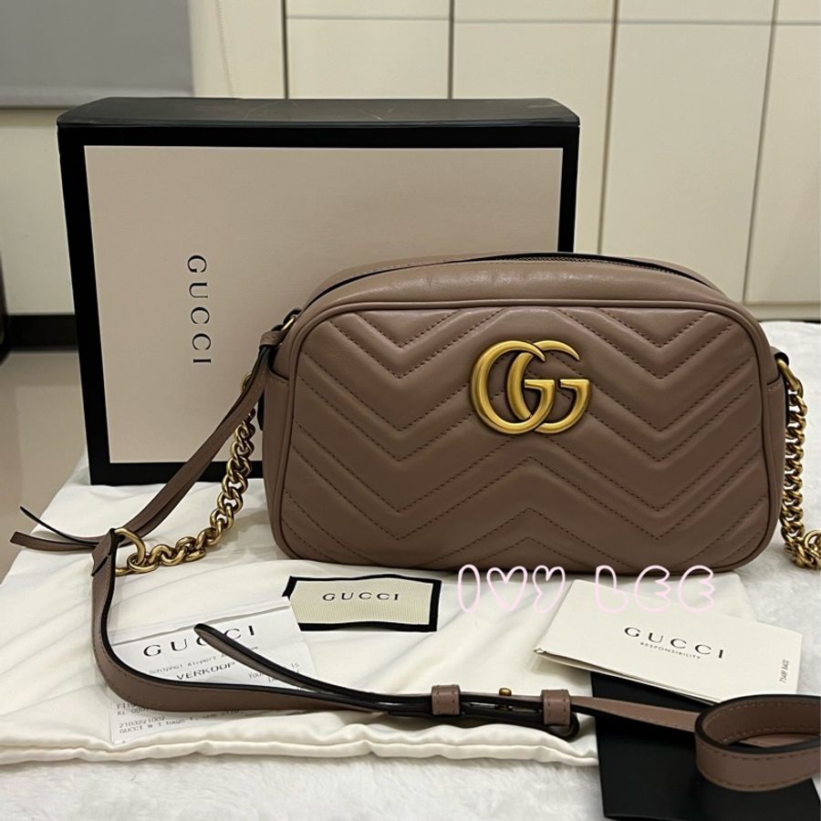 GUCCI（缺貨中、勿下單）古馳 藕粉色 膚色 牛皮 GG Marmont 肩背包 斜背包 相機包 447632 二手精品-0