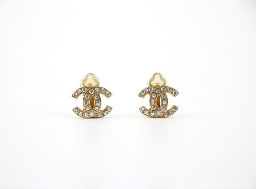 Chanel Vintage 02A 水鑽鍍金CC logo耳環-0