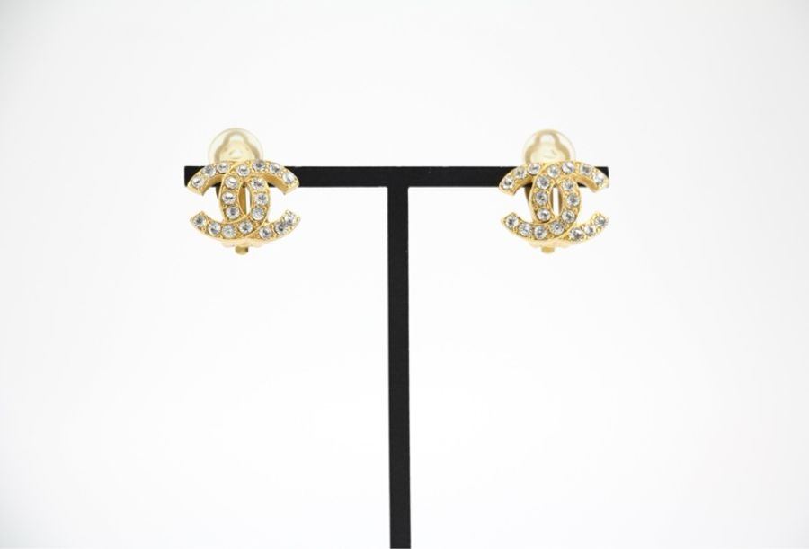 Chanel Vintage 02A 水鑽鍍金CC logo耳環-1
