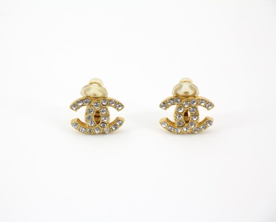 Chanel Vintage 02A 水鑽鍍金CC logo耳環-3