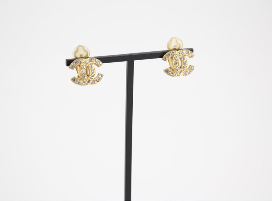 Chanel Vintage 02A 水鑽鍍金CC logo耳環-9