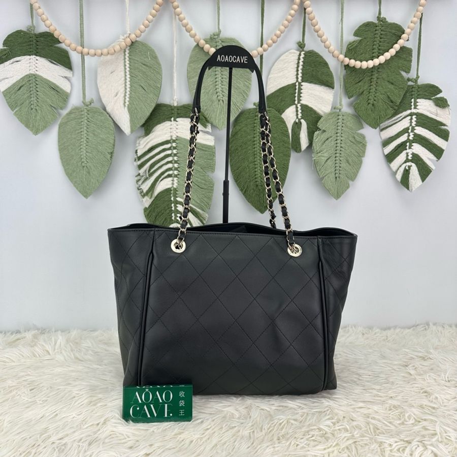 CHANEL 黑金真皮菱格子母沙灘包 Tote Bag 全套有單-5