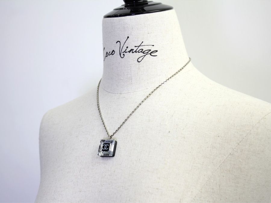 Chanel Vintage 10A 樹脂透明正方黑CC吊墜頸鏈-1