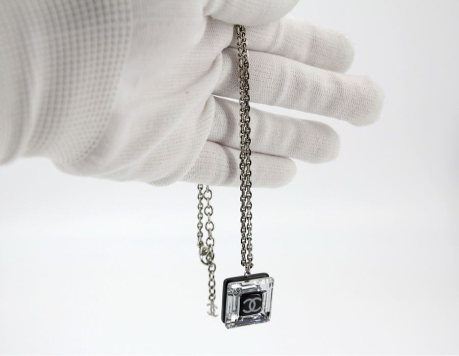 Chanel Vintage 10A 樹脂透明正方黑CC吊墜頸鏈-5