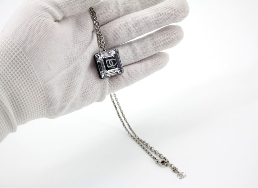 Chanel Vintage 10A 樹脂透明正方黑CC吊墜頸鏈-6