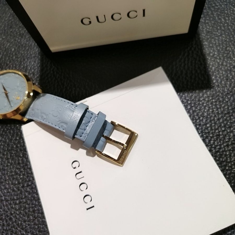 GUCCI G G LOGO Timeless bee 38MM 古馳 金 蜜蜂 錶殼 藍 石英錶 手錶 錶-10