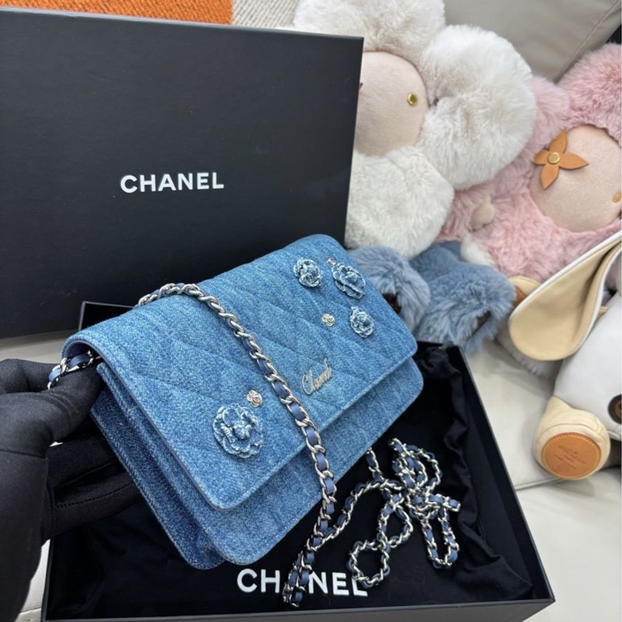 【近新閒置品】Chanel香奈兒牛仔丹寧山茶花woc鏈條包斜挎包-3