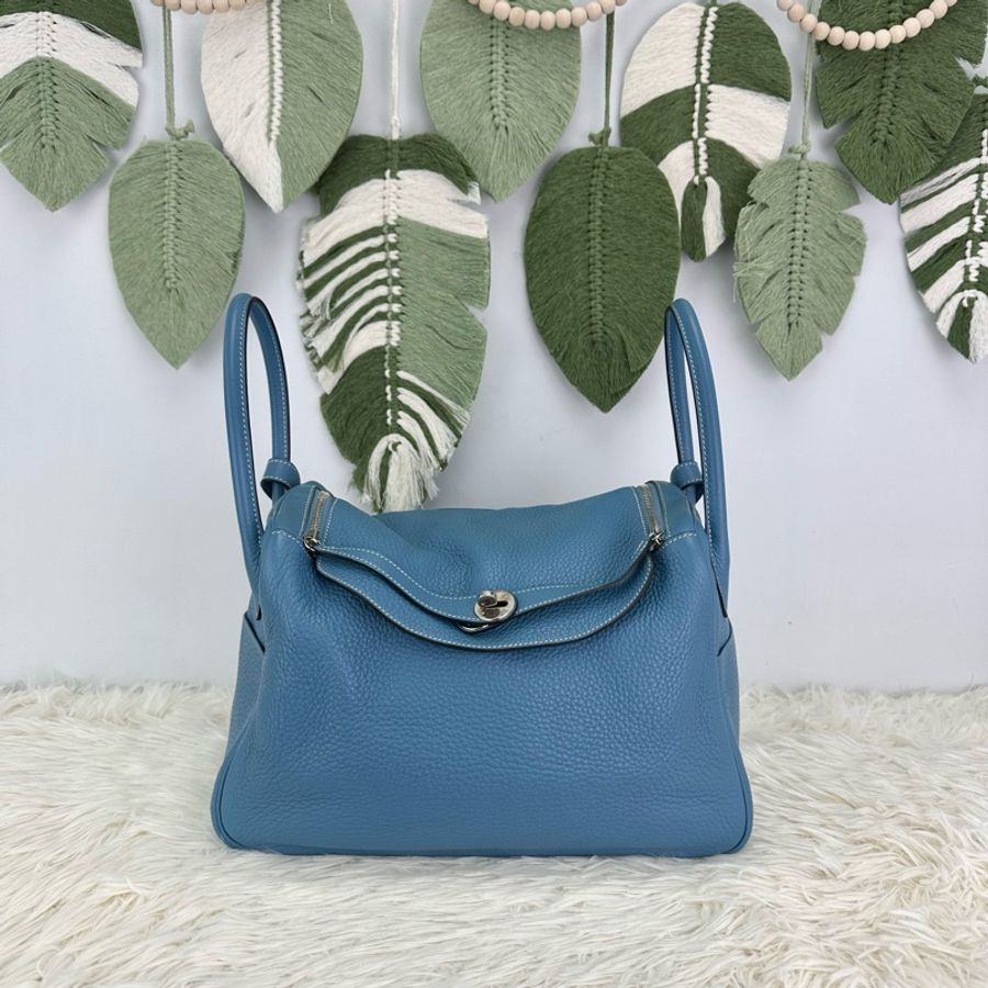 HERMES LINDY 34 TC皮 藍色銀扣 T Stamp 手提 單肩包-0