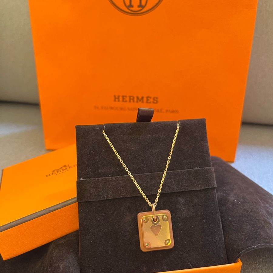 Hermes 愛心皮革項鍊玫瑰金/金-0