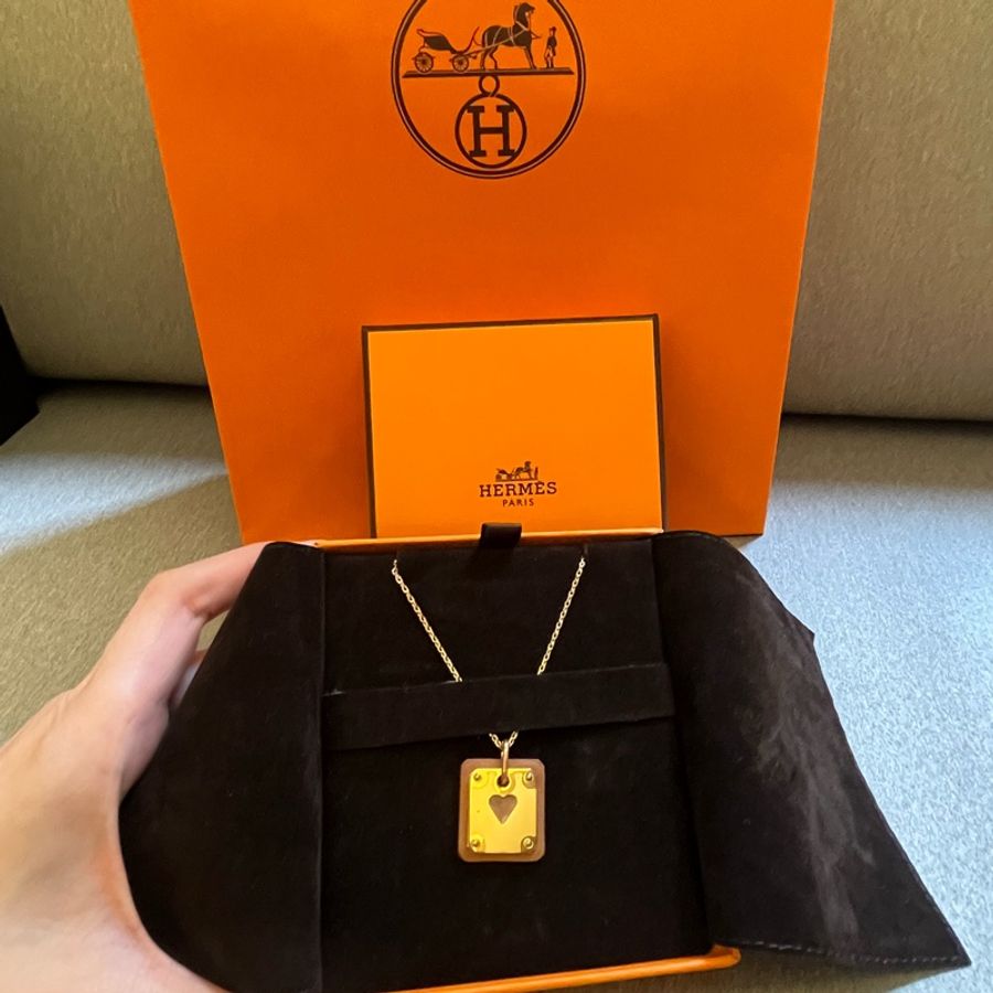 Hermes 愛心皮革項鍊玫瑰金/金-4