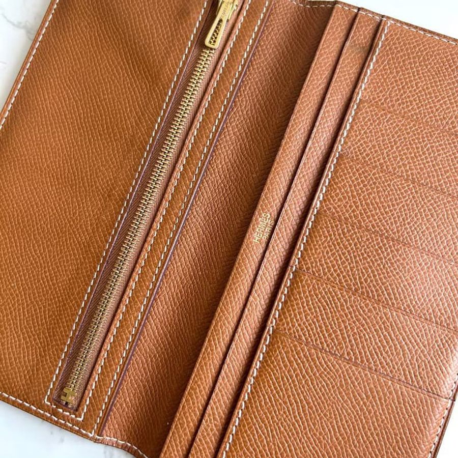 【LA LUNE】絕版古董包 Hermes 啡金色皮革Bearn長夾 皮夾 長銀包 錢包 中古-6