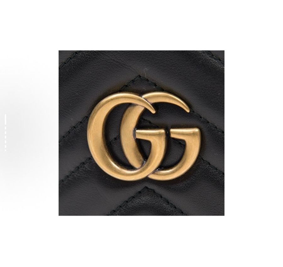 GUCCI古馳 GG Marmont 馬蒙 金標Logo抽繩 絎縫皮革 水桶鏈條包女款 黑色-5