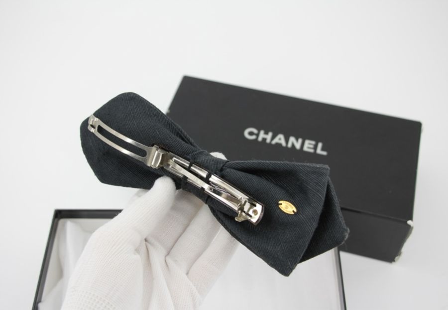 Chanel Vintage 1981-85年牛仔布料黑色髮夾-6