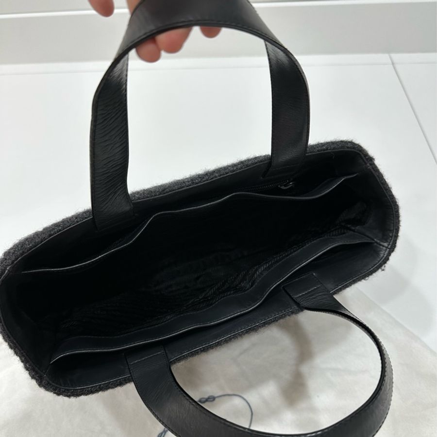 prada 烟灰色 毛線 編織包 手提包 公事包 文件包-19
