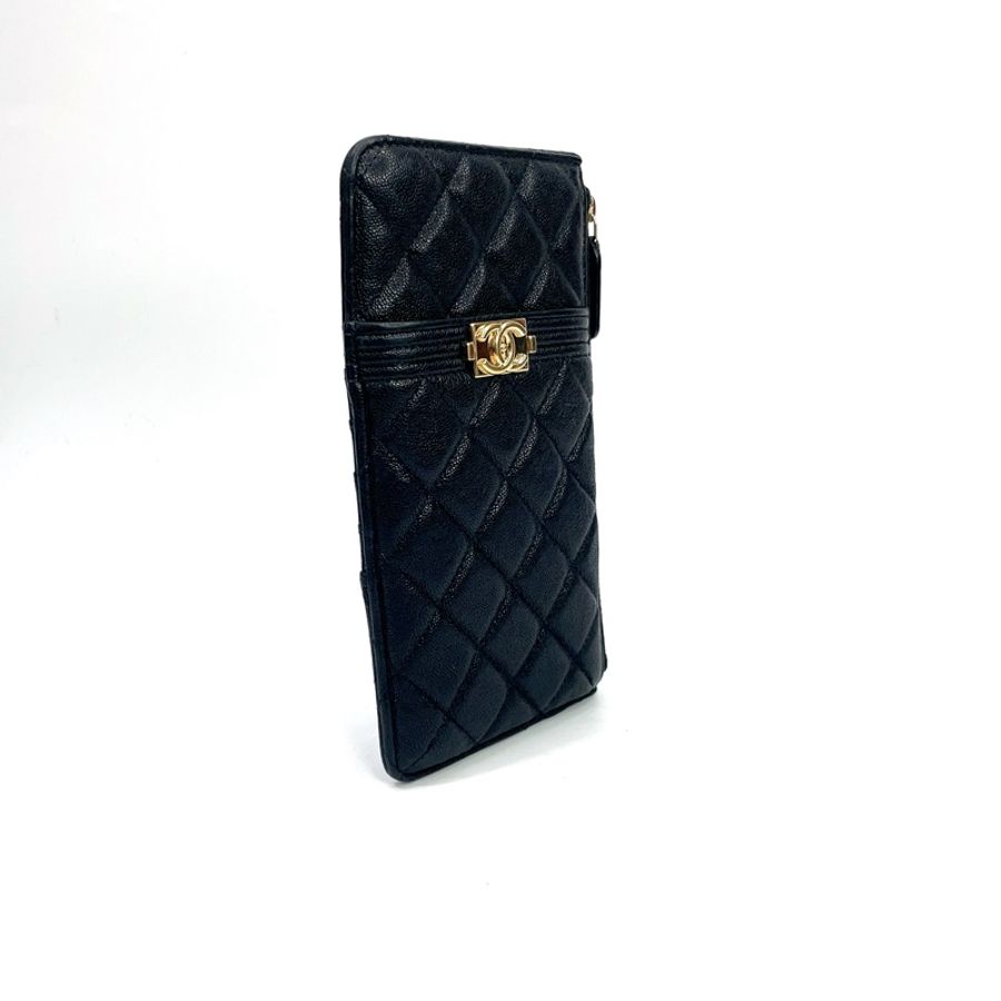 Chanel 黑荔枝牛皮金釦Boy一字拉扁長夾 AP1482-2