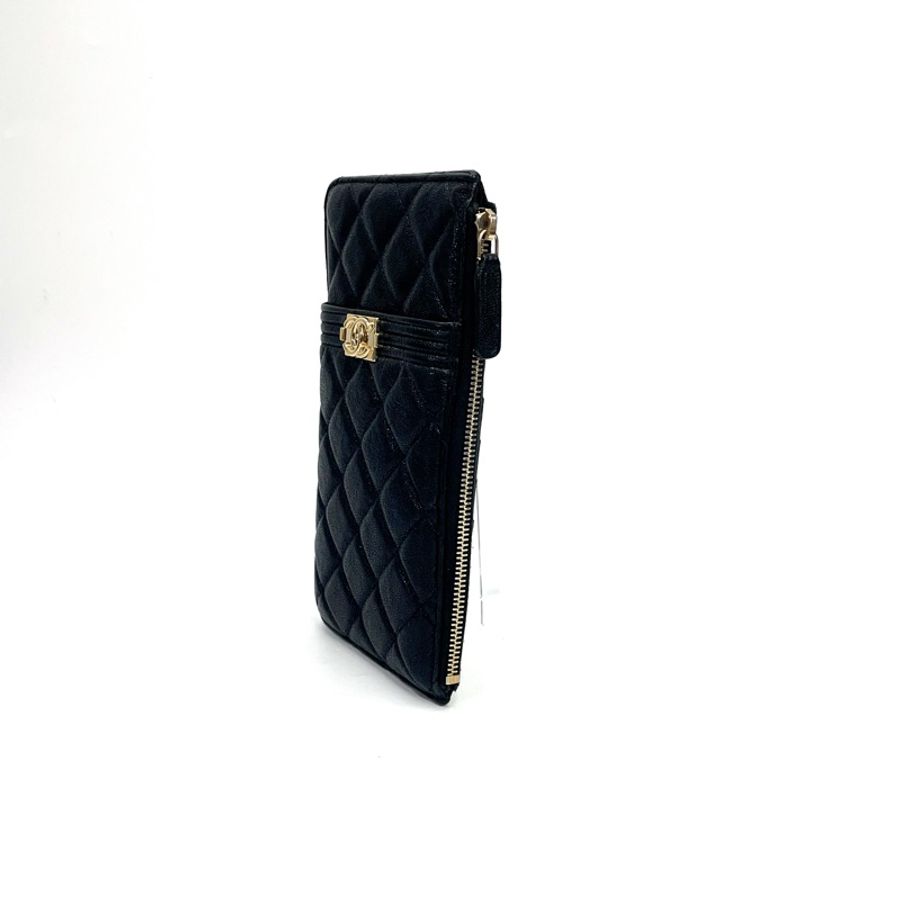 Chanel 黑荔枝牛皮金釦Boy一字拉扁長夾 AP1482-3