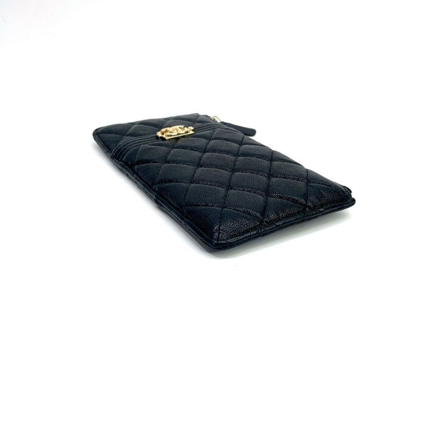 Chanel 黑荔枝牛皮金釦Boy一字拉扁長夾 AP1482-5