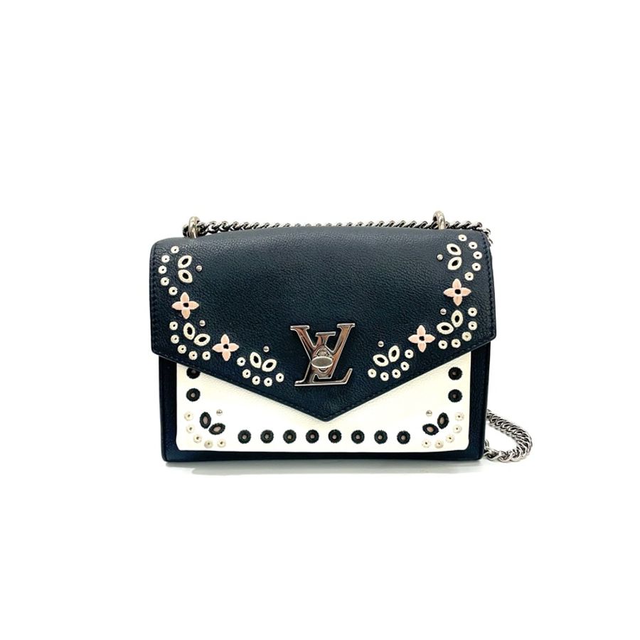 LV 黑牛皮銀釦刺繡花肩斜包 M53954-0