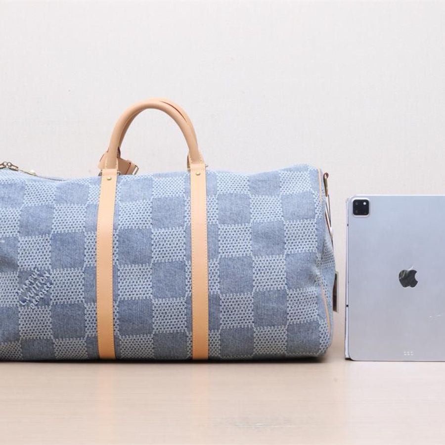 LOUIS VUITTON(路易威登) 牛仔藍 牛仔布 KEEPALL 50 配肩帶 丹寧牛仔 棋盤格 晶片-2