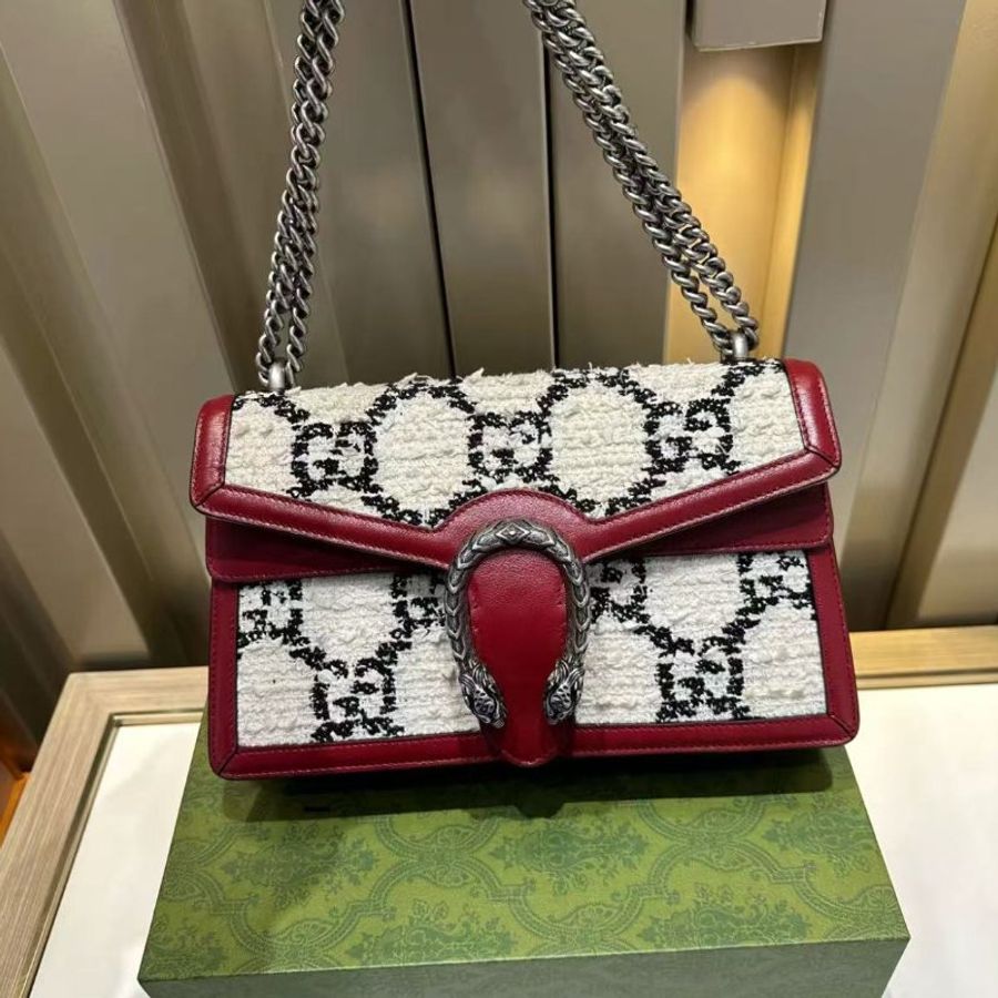 Gucci酒神中號紅色牛皮拚白色毛呢 27cm 98新配件盒子塵帶-1