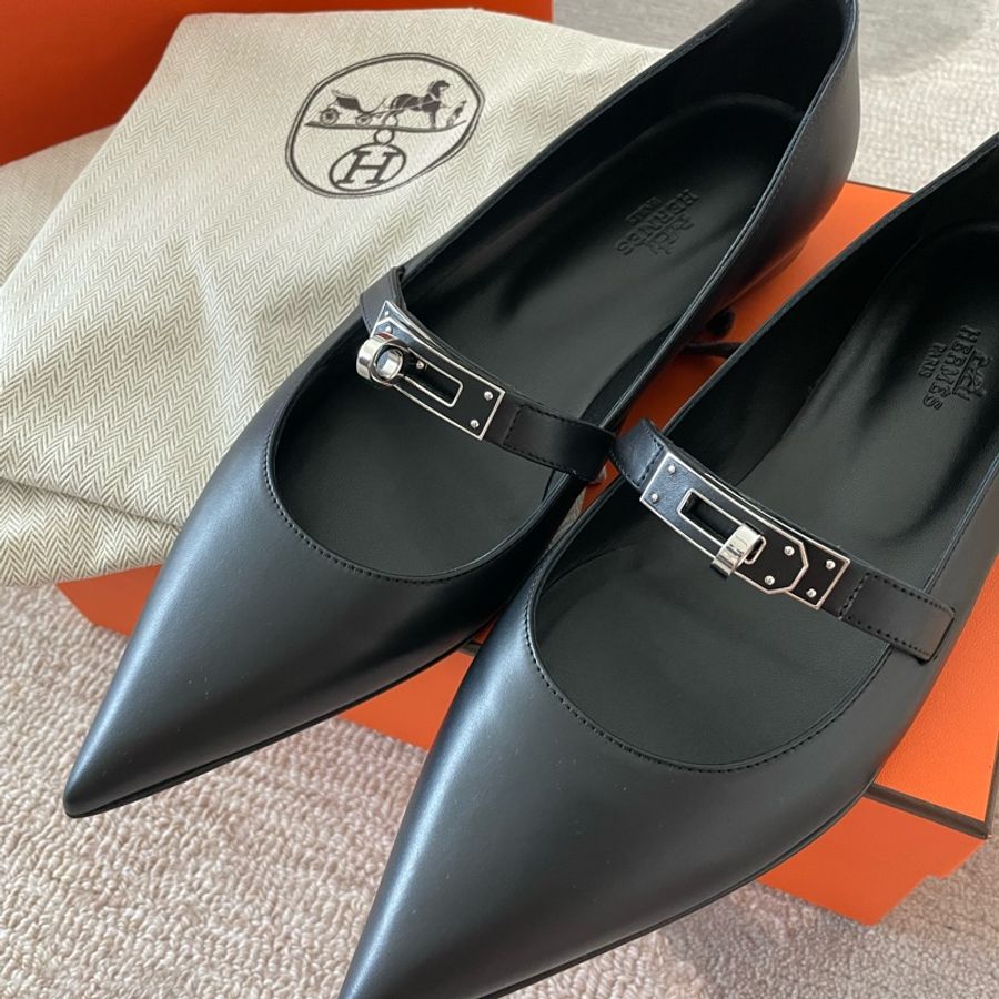 🐼Hermes Kelly全新芭蕾舞鞋 瑪莉珍 尖頭鞋So black 全黑 黑銀🖤EU38-1