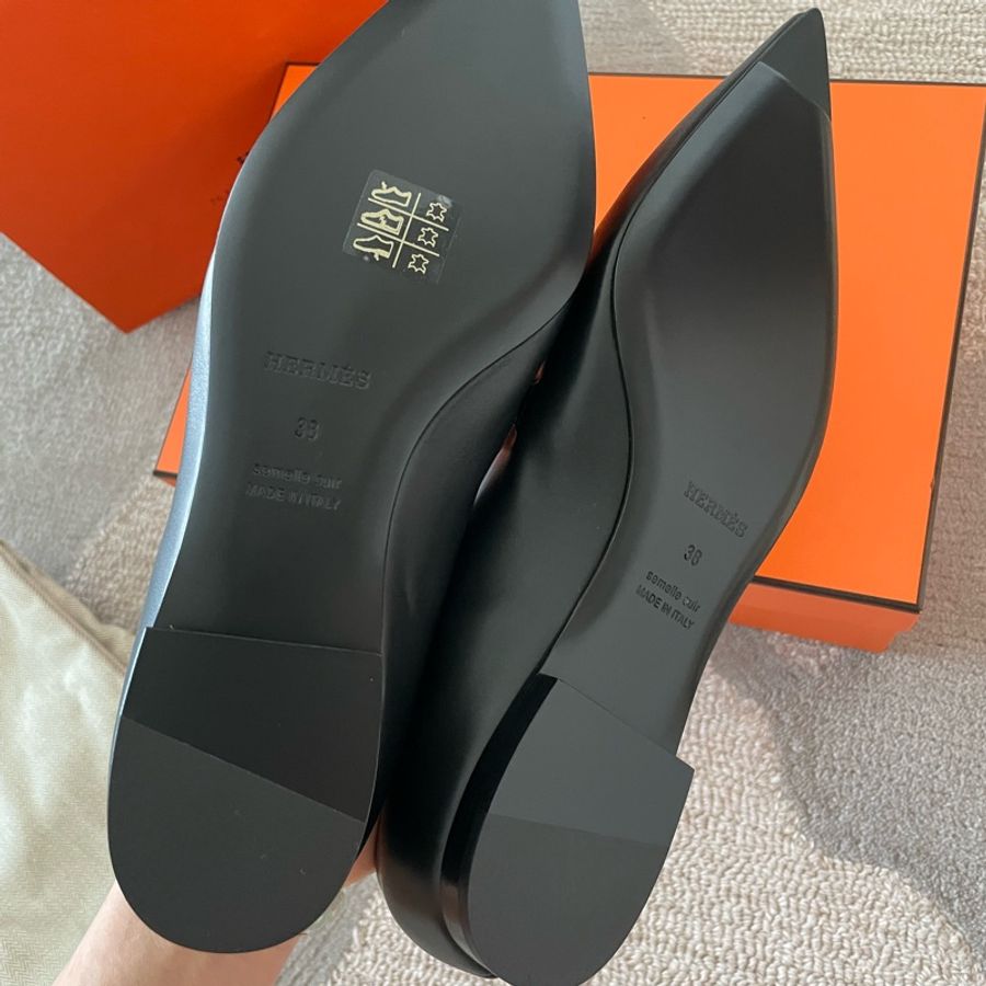 🐼Hermes Kelly全新芭蕾舞鞋 瑪莉珍 尖頭鞋So black 全黑 黑銀🖤EU38-3