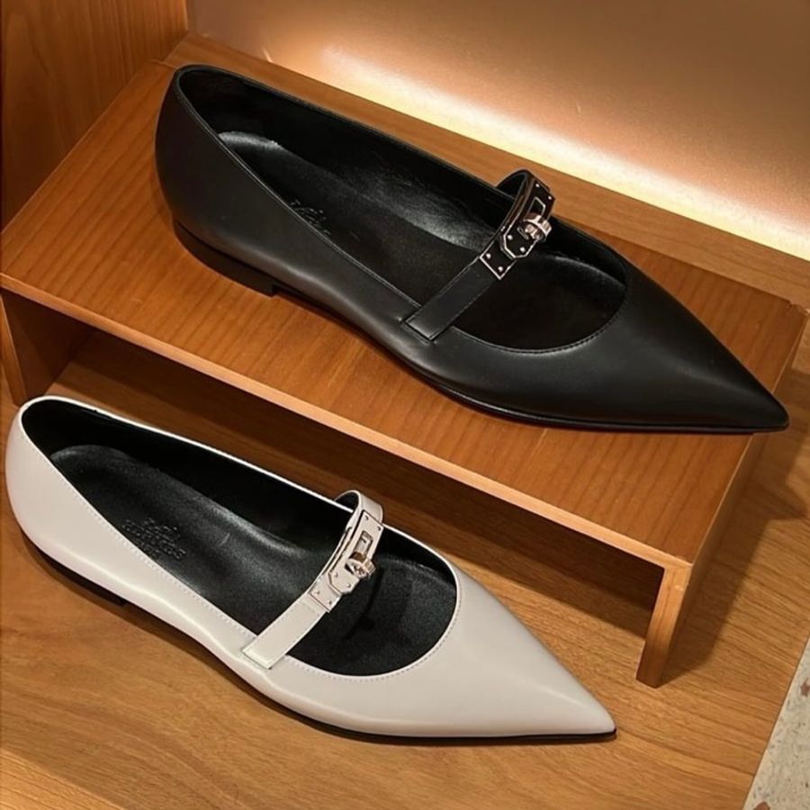 🐼Hermes Kelly全新芭蕾舞鞋 瑪莉珍 尖頭鞋So black 全黑 黑銀🖤EU38-4