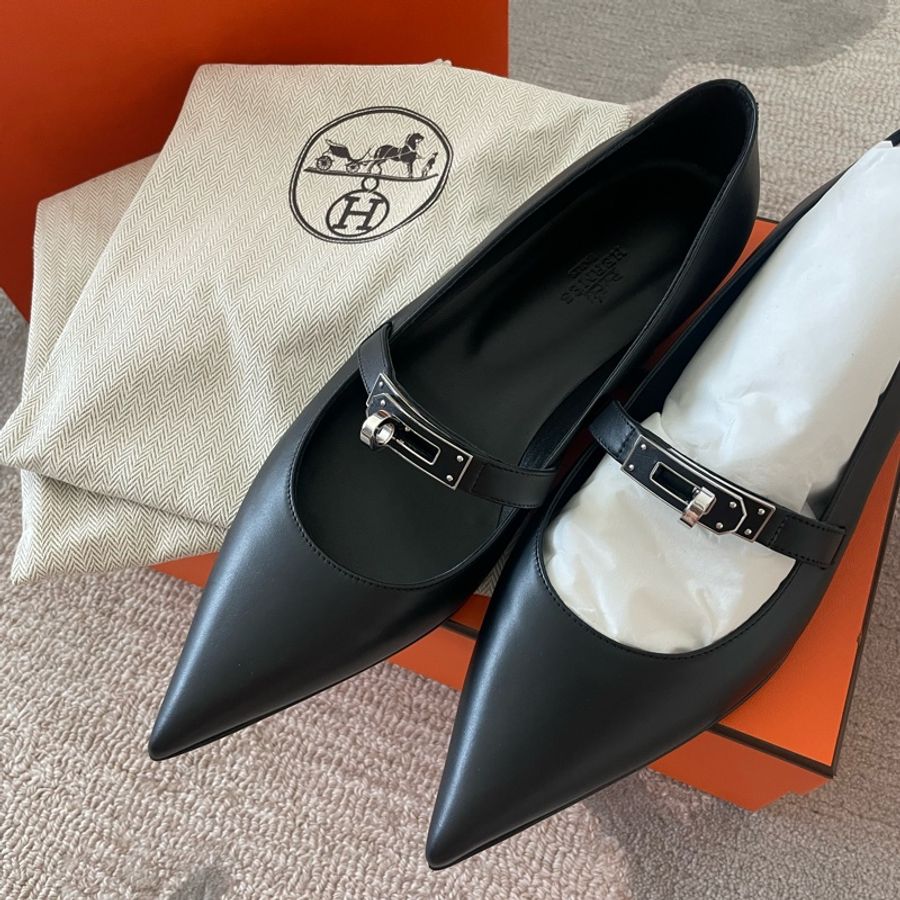 🐼Hermes Kelly全新芭蕾舞鞋 瑪莉珍 尖頭鞋So black 全黑 黑銀🖤EU38-7