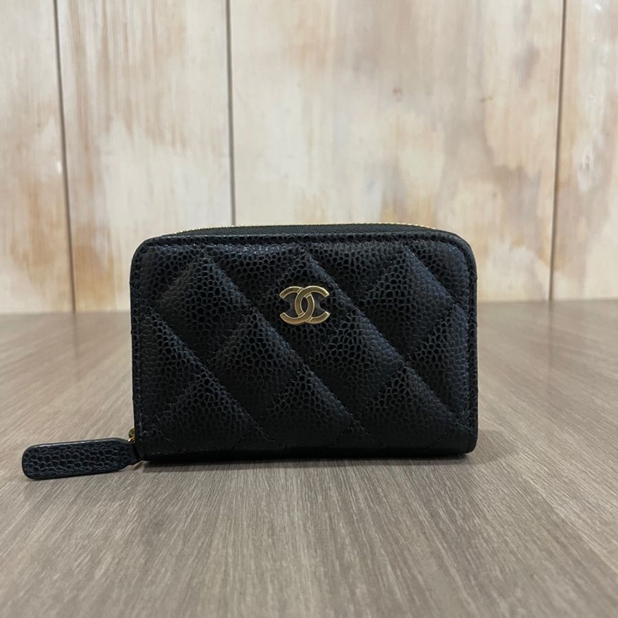 Chanel AP0216黑荔枝皮金釦拉鍊卡包 零錢包*-0