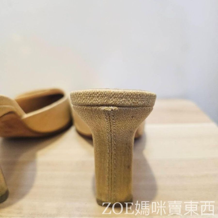Chanel 米黃色棉麻白格線2.55造型方頭高跟鞋-4