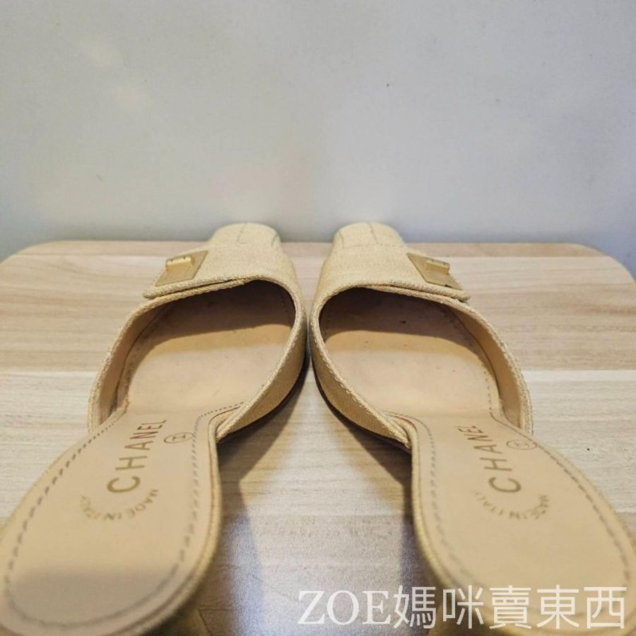 Chanel 米黃色棉麻白格線2.55造型方頭高跟鞋-5