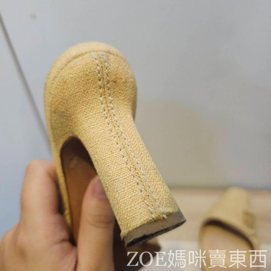 Chanel 米黃色棉麻白格線2.55造型方頭高跟鞋-6