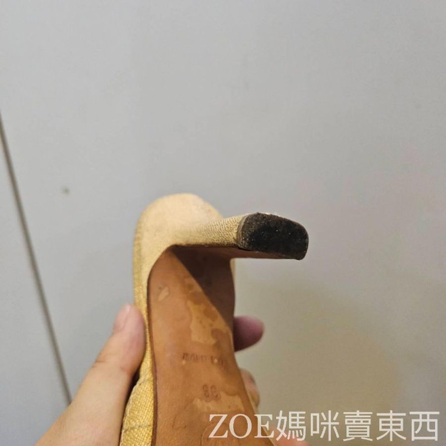 Chanel 米黃色棉麻白格線2.55造型方頭高跟鞋-18