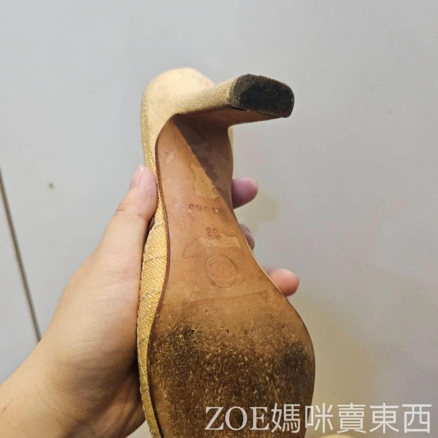 Chanel 米黃色棉麻白格線2.55造型方頭高跟鞋-19