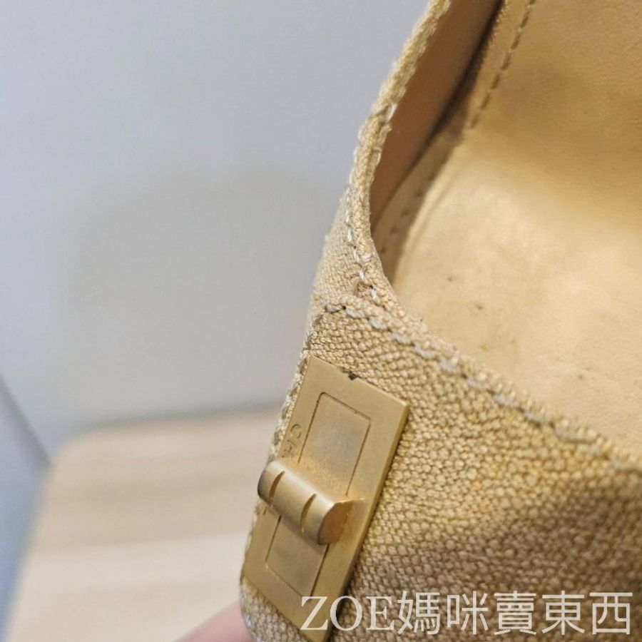 Chanel 米黃色棉麻白格線2.55造型方頭高跟鞋-27