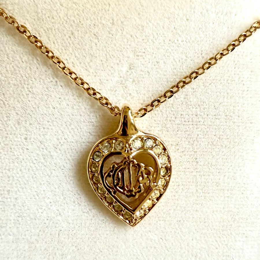 Vintage Christian Dior logo heart shape necklace 中古dior 心型南瓜車水鑽頸鏈-4