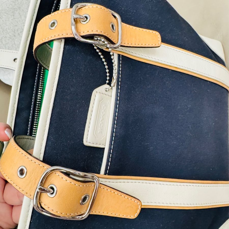 Coach 「雙面」手提大包、防水帆布+白色牛皮材質-14