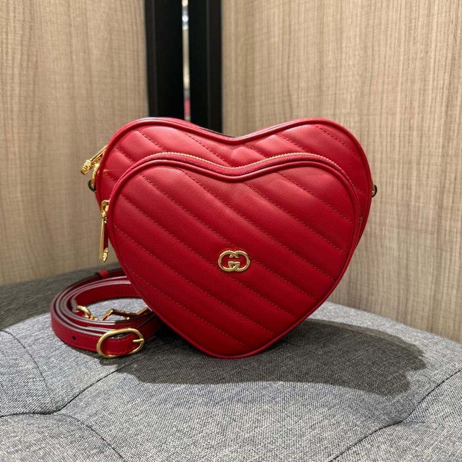 新品優惠❤️ GUCCI GG Marmont 751628 紅色牛皮金釦愛心包 斜背包-0