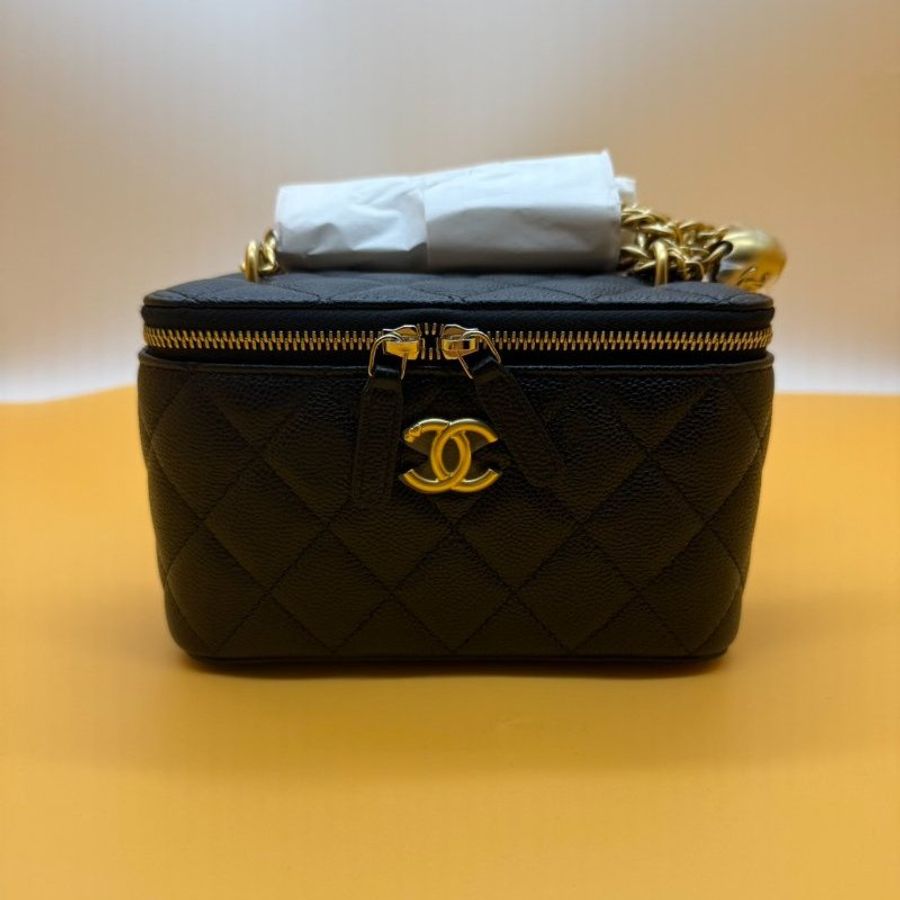 CHANEL 香奈兒 全新 愛心調節扣 23P 長盒子 化妝包 荔枝皮紋 黑色 金扣-1