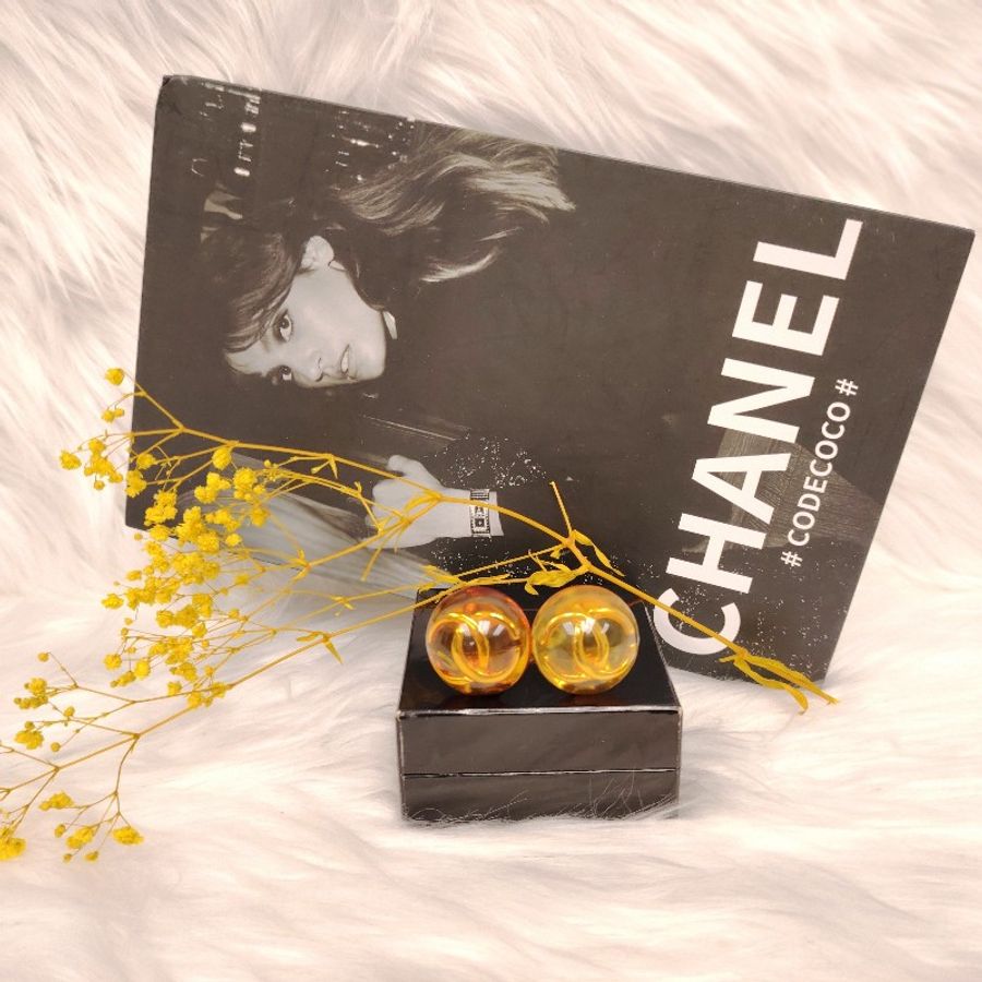 Chanel 香奈兒 Vintage黃色亞克力大雙c耳夾-0