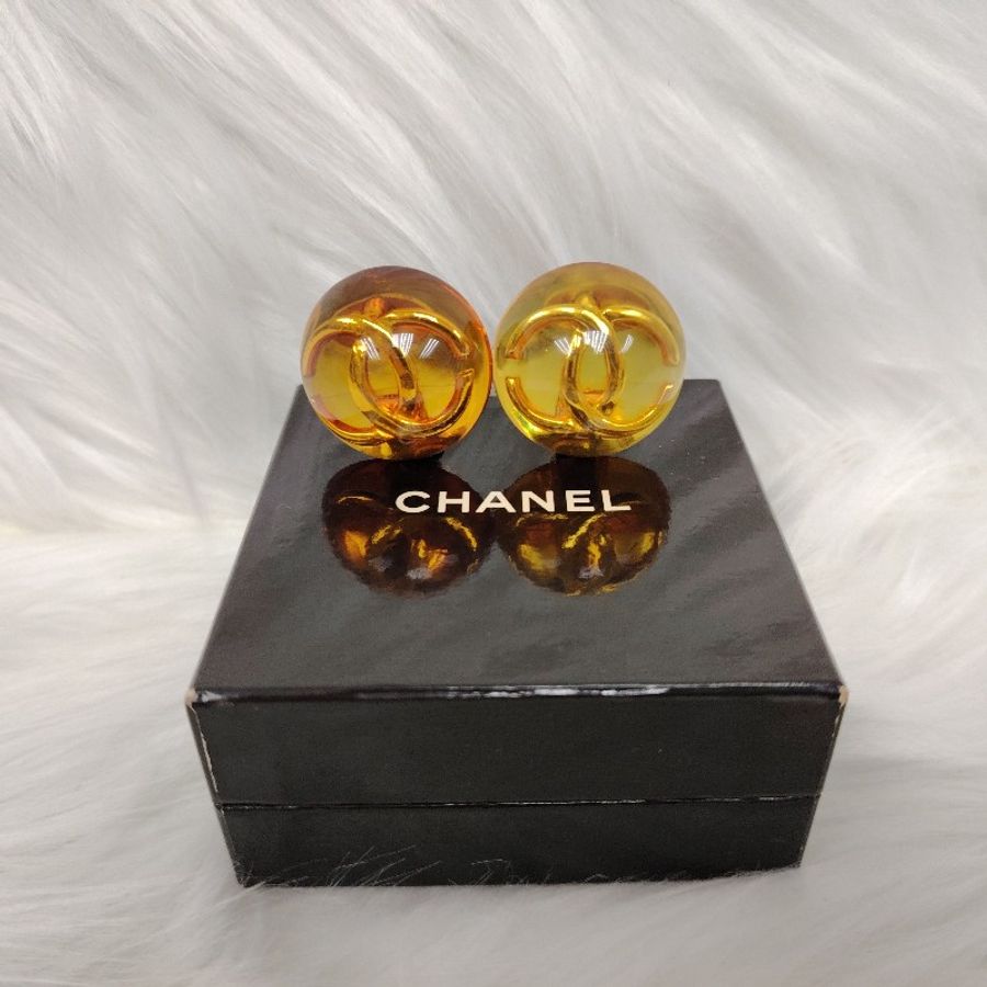 Chanel 香奈兒 Vintage黃色亞克力大雙c耳夾-1