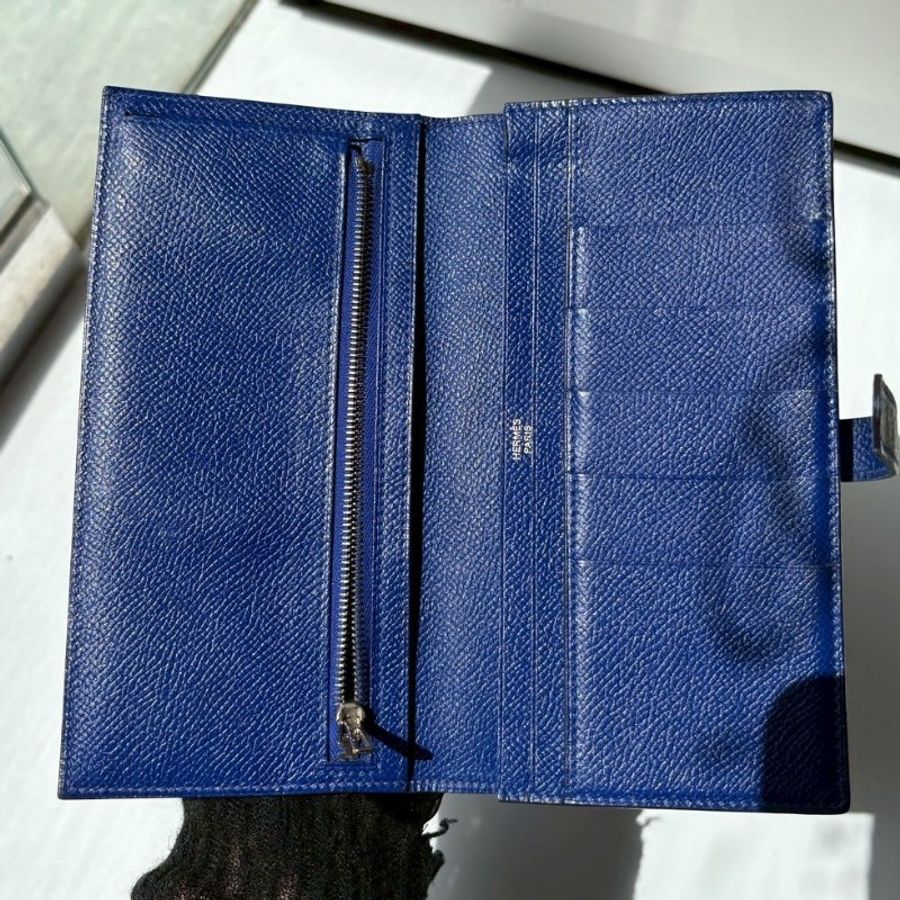 Hermes 銀釦閃電藍皮革長夾-19