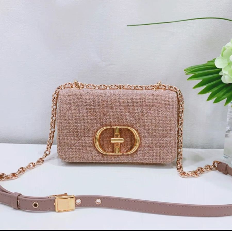 ✨Dior 粉色亞麻小號DIOR CARO 鏈條肩背包20×12×7cm 97新 配件塵袋-0
